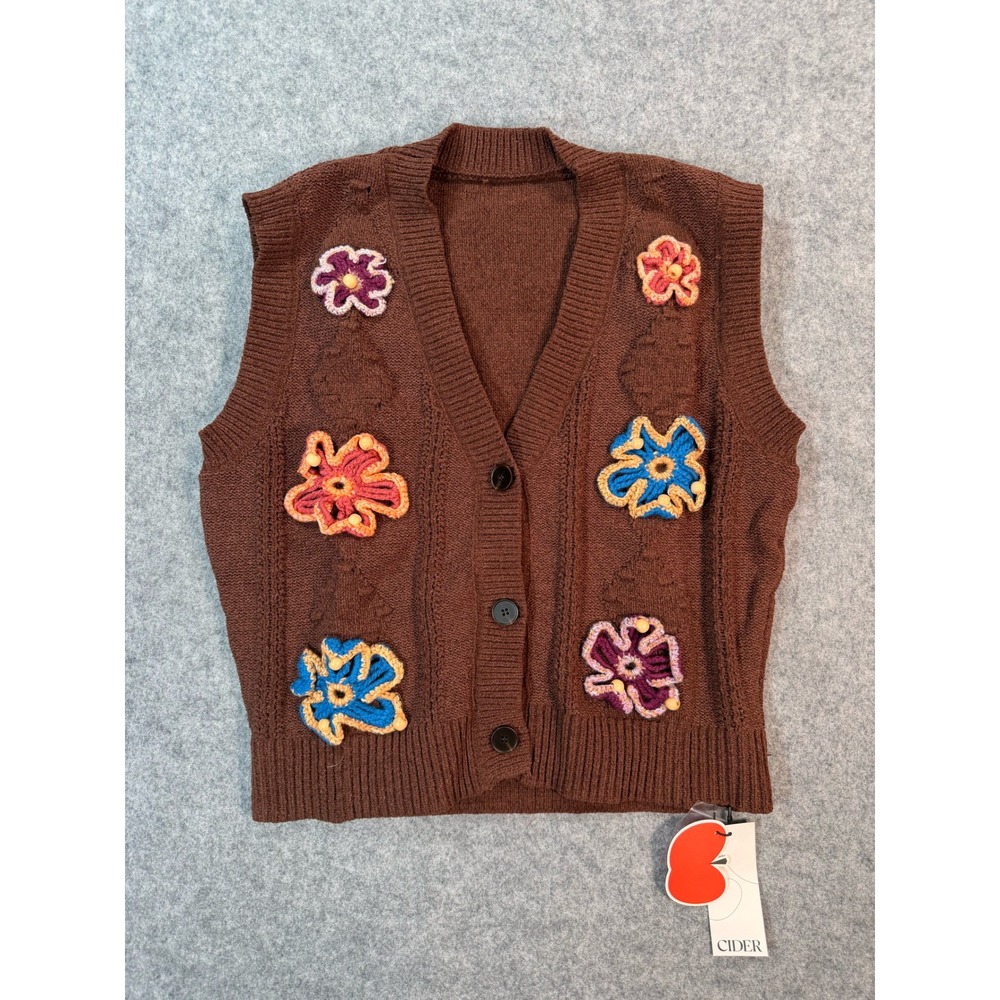 Cider Brown Cable Knit Cardigan Vest Crochet Flower Applique Small